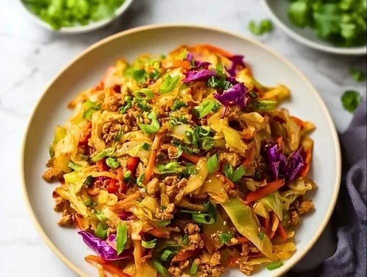 Easy ground chicken stir-fry with cabbage dish served in a bowl