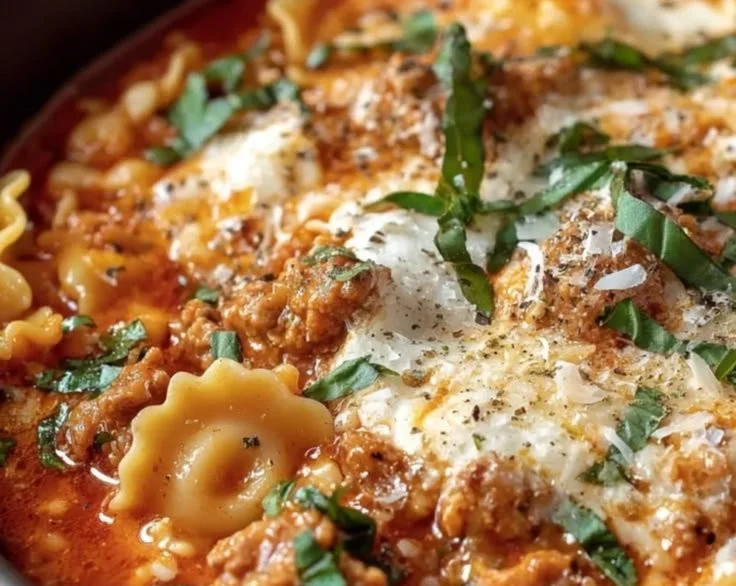 Delicious lasagna soup in a bowl with cheese and herbs