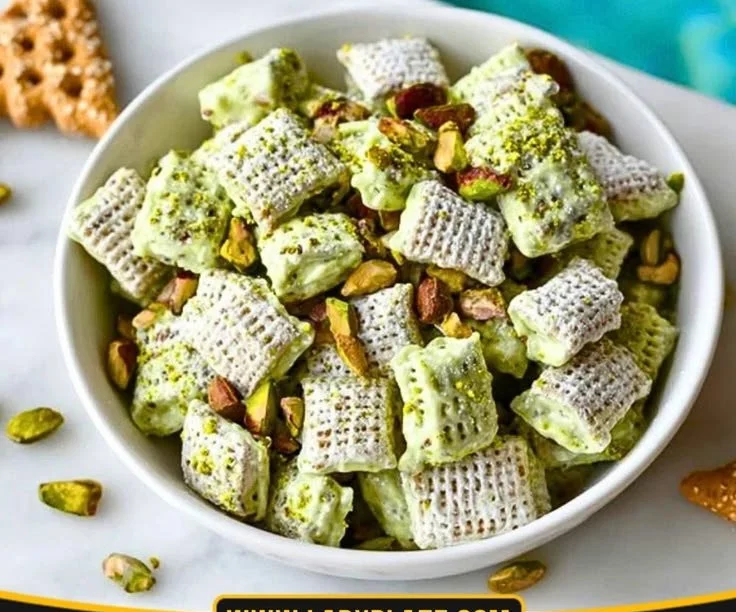 Bowl of easy pistachio puppy chow with colorful sprinkles on top.