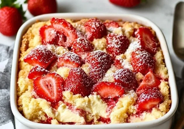 Easy strawberry cheesecake dump cake topped with fresh strawberries