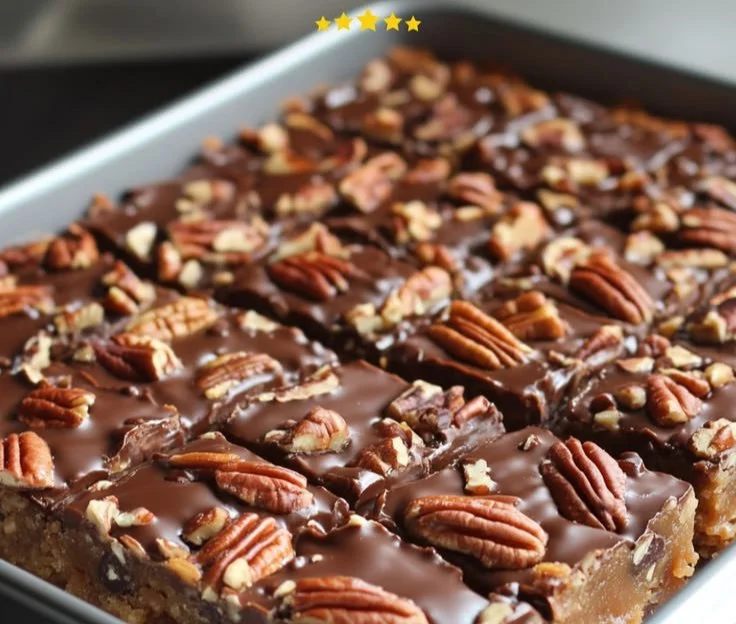 Homemade turtle bars made with caramel, chocolate, and nuts.