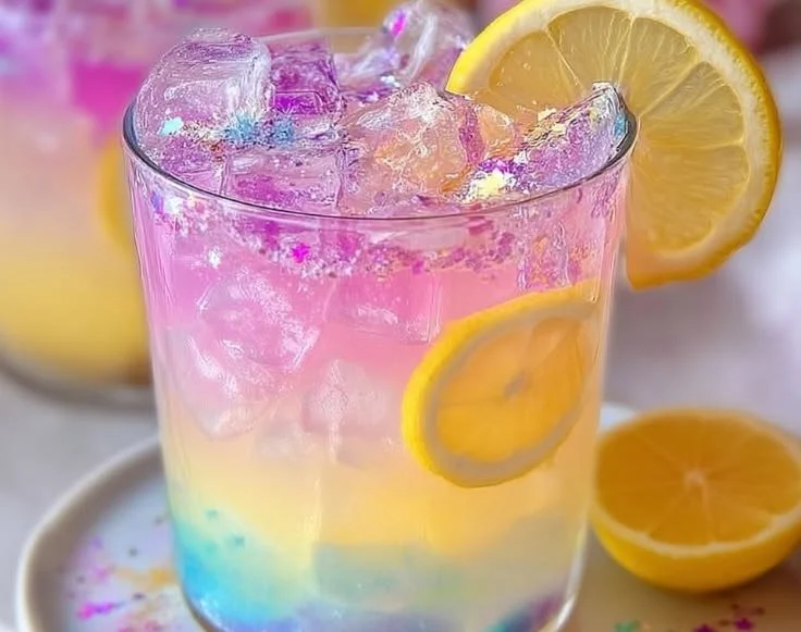 Colorful unicorn lemonade in a glass with rainbow garnishes