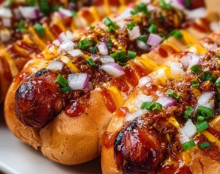 Firecracker hot dogs garnished with sweet and spicy toppings for a flavorful twist.