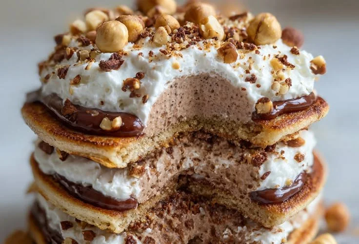 Fluffy chocolate hazelnut pancakes stacked with toppings