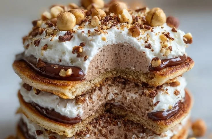 Fluffy pancakes drizzled with hazelnut chocolate cream on a plate