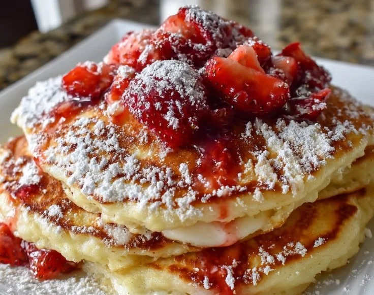 Delicious fluffy strawberry cheesecake pancakes stacked with fresh strawberries