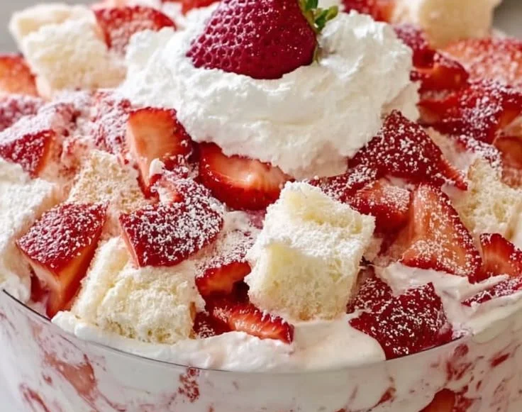 Fluffy Strawberry Shortcake Dessert Salad with fresh strawberries and whipped cream