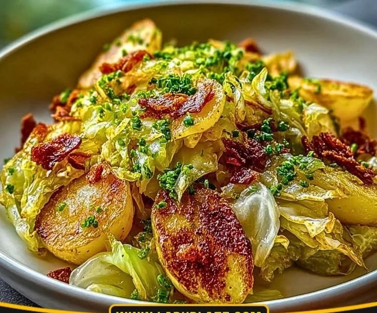A delicious plate of fried cabbage and potatoes garnished with herbs.