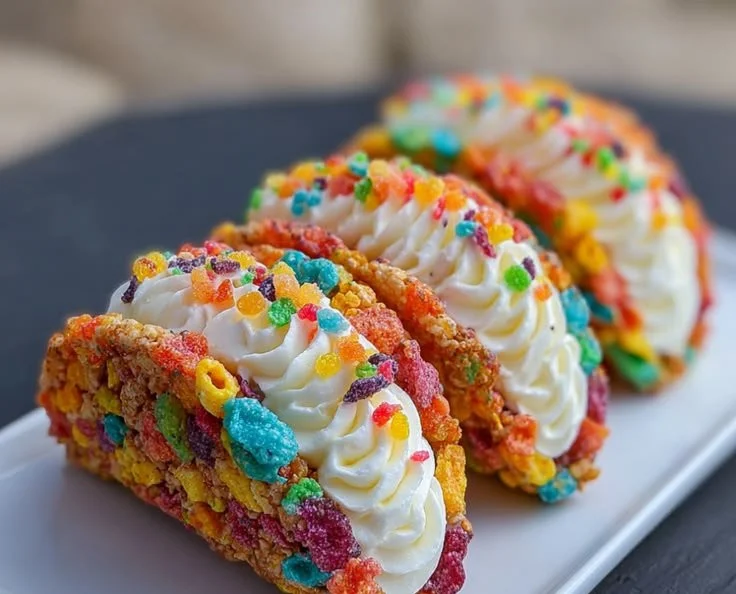 Fruity Pebbles Cheesecake Tacos served on a colorful plate