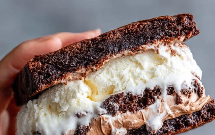 Fudgy brownie ice cream sandwiches stacked together on a plate.