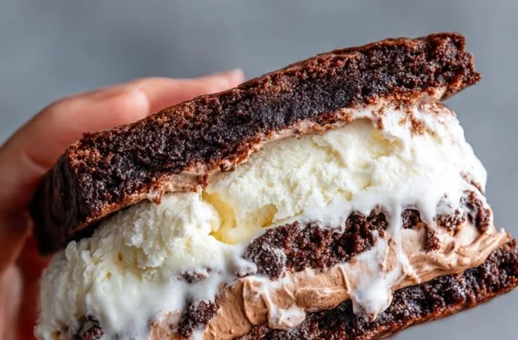 Fudgy brownie ice cream sandwiches with chocolate and vanilla ice cream