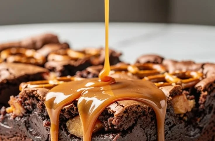 Fudgy brownies topped with caramel and pretzels on a cooling rack