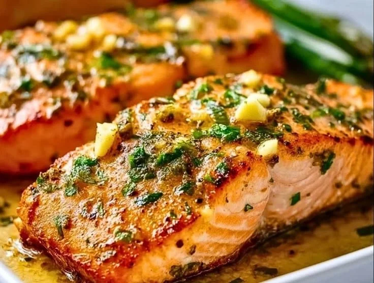Garlic Butter Baked Salmon garnished with herbs on a plate