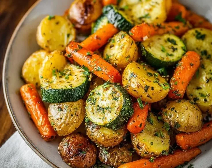 Garlic herb roasted potatoes, carrots, and zucchini on a baking tray.