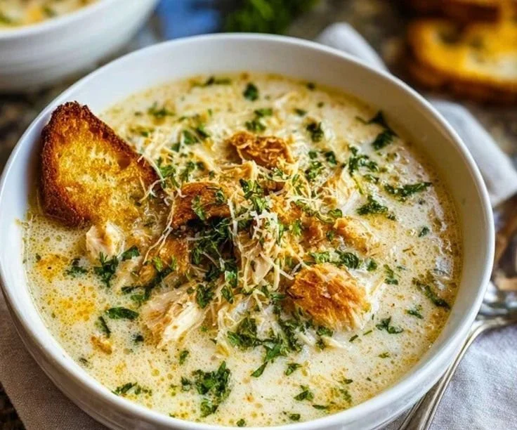 Delicious bowl of Garlic Parmesan Chicken Soup with herbs and cheese