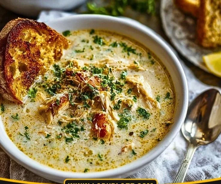 A bowl of Garlic Parmesan Chicken Soup garnished with parsley and cheese.