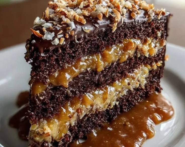 Delicious slice of homemade German Chocolate Cake on a white plate
