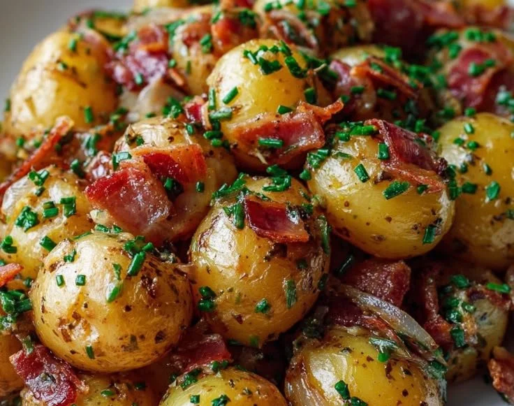 German-style potato salad with herbs and dressing served in a bowl