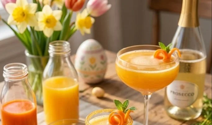 Golden Carrot Mimosa served in a flute glass with orange slices