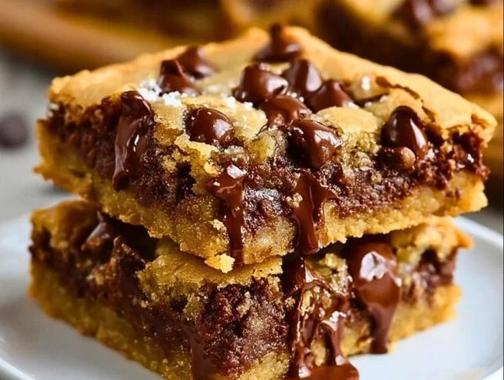 Gooey chocolate chip cookie bars fresh out of the oven