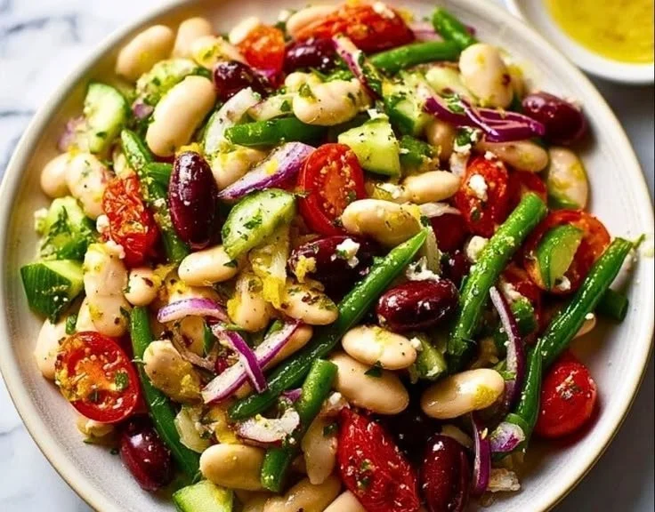 Greek Bean Salad with Lemon-Marinated Beans, a colorful and healthy dish