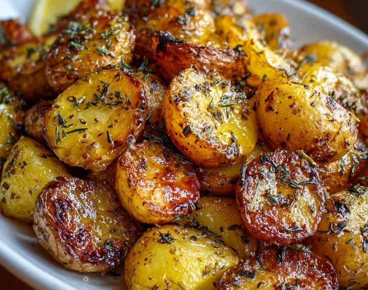 Delicious Greek Lemon Potatoes served with a creamy lemon dressing