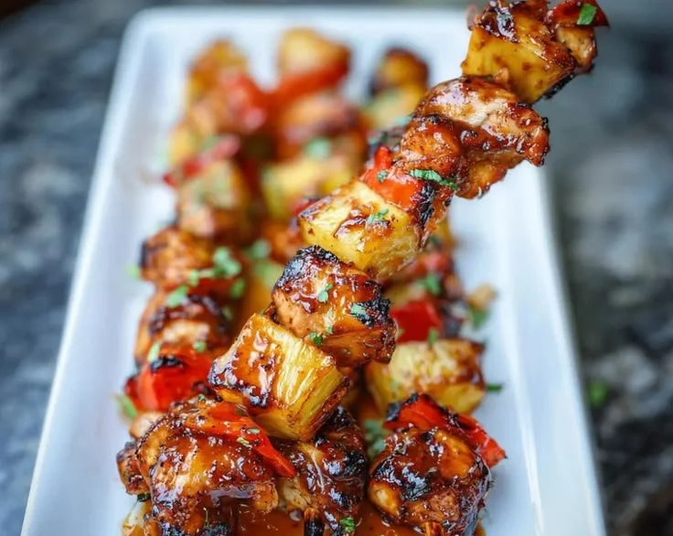 Grilled pineapple chicken skewers on a platter, showcasing vibrant flavors.