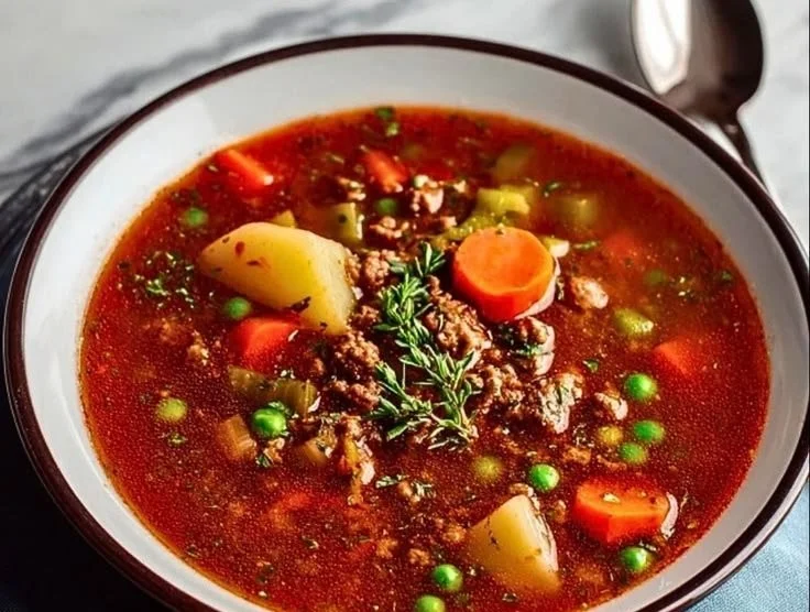 Delicious ground beef soup served in a bowl with vegetables