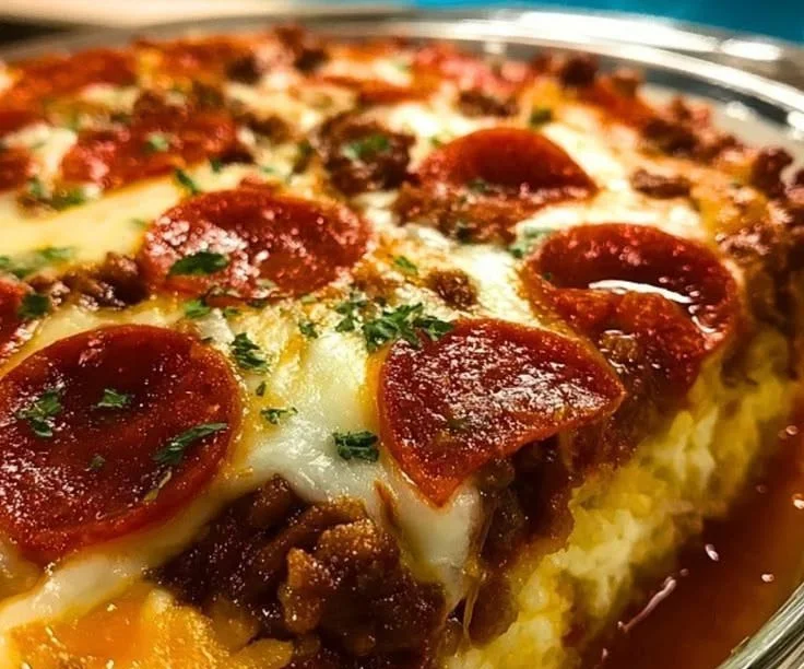 Delicious Hamburger Sausage Bake topped with pepperoni and melted cheese