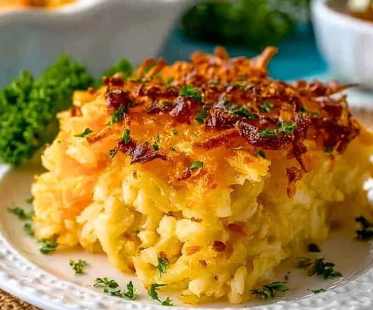 Delicious hashbrown casserole baked to golden perfection with cheese and seasonings.