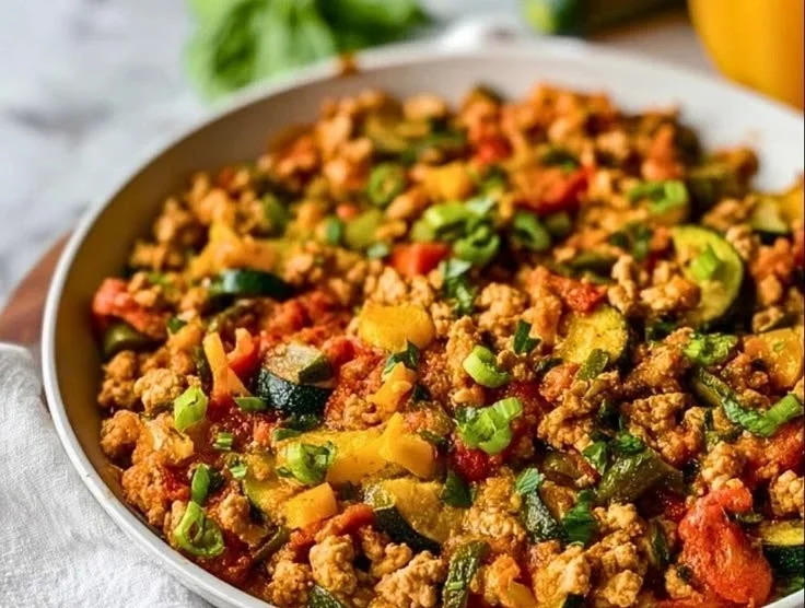 Healthy ground turkey skillet with mixed vegetables