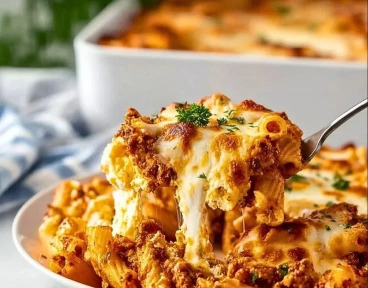 Healthy high-protein cottage cheese baked ziti dish on a plate