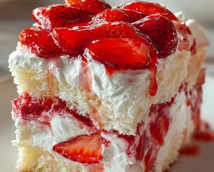 Delicious Heaven on Earth Cake with layers of cream and fruit.