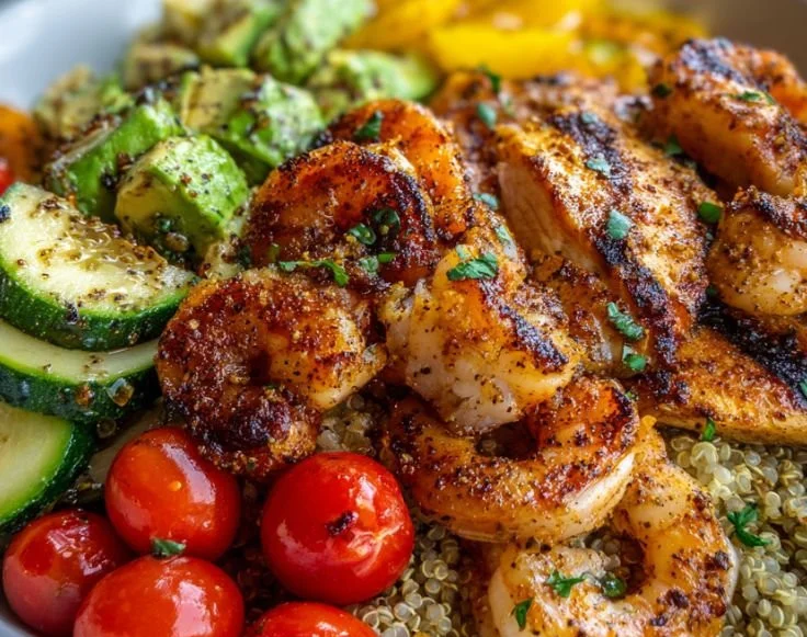 High-protein chicken and shrimp power bowls featuring fresh veggies and grains.