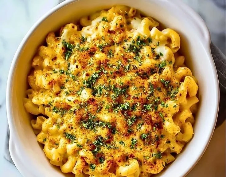 High-protein crockpot mac and cheese with cottage cheese served in a bowl
