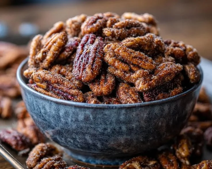 Delicious homemade candied pecans in a bowl