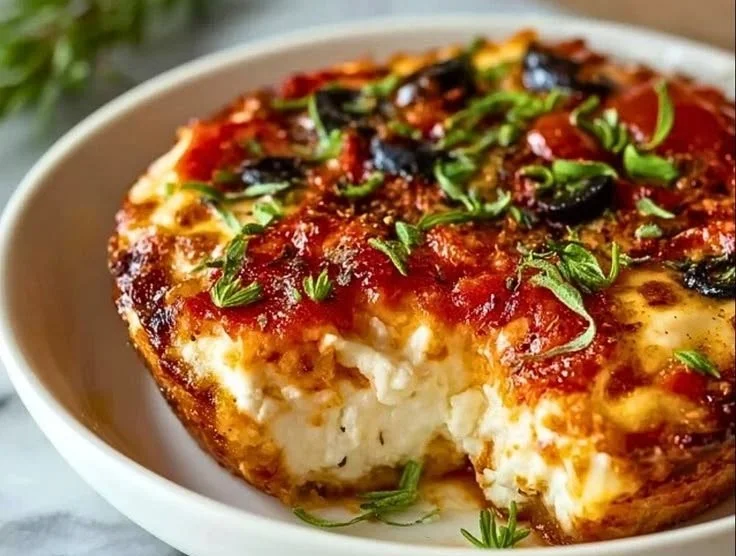 Delicious homemade cottage cheese pizza bowl topped with fresh ingredients.