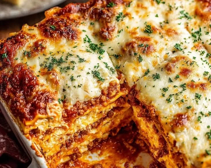 Delicious homemade lasagna layered with cheese, sauce, and pasta.
