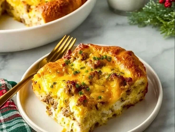 Homemade crescent roll breakfast casserole baked and served in a dish