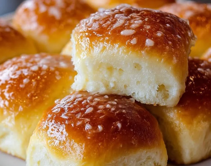 Freshly baked homemade potato bread rolls on a wooden table.