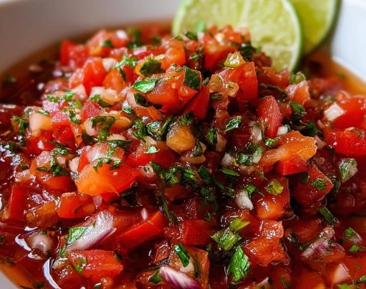 A bowl of fresh homemade salsa with tomatoes, onions, and cilantro