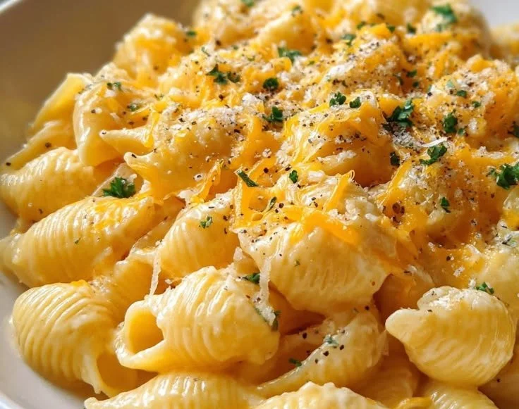 Bowl of homemade shells and cheese with melted cheese and pasta shells