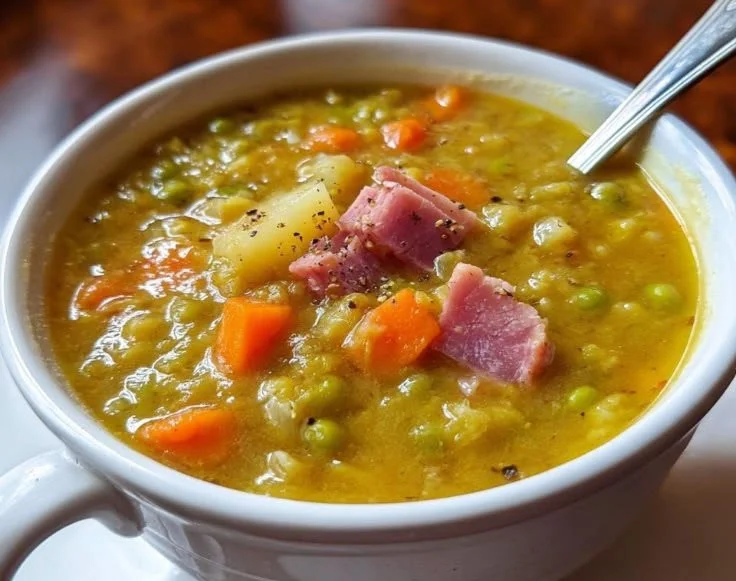 Bowl of homemade split pea soup garnished with herbs and a slice of bread