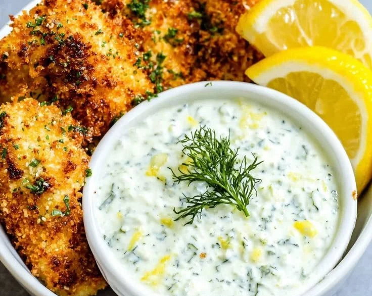 Homemade tartar sauce in a bowl with ingredients
