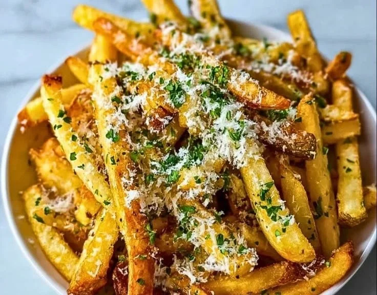 Crispy homemade truffle fries garnished with herbs and served in a bowl.