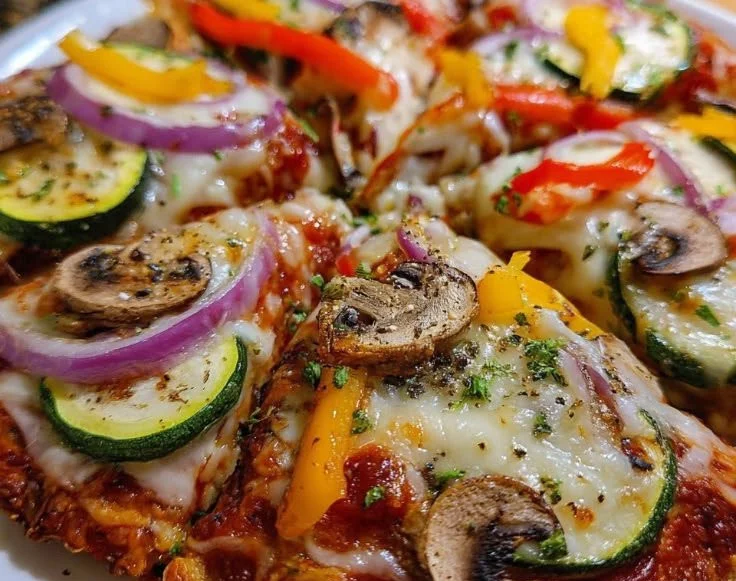 A delicious slice of homemade veggie pizza topped with fresh vegetables.