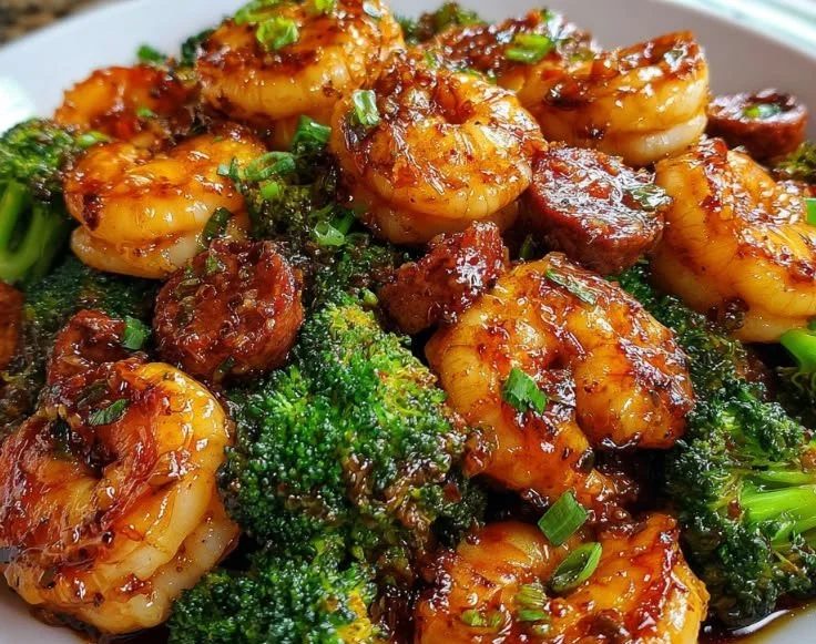 Delicious Honey Garlic Shrimp with Sausage and Broccoli served in a bowl