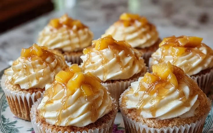 Honey peach cream cheese cupcakes with a creamy frosting and fresh peach topping.