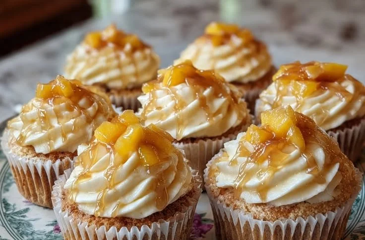 Delicious Honey Peach Cream Cheese Cupcakes on a decorative plate