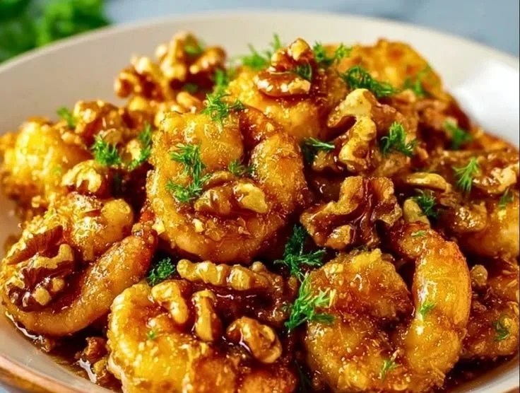 Delicious Honey Walnut Shrimp garnished with walnuts and drizzled with honey